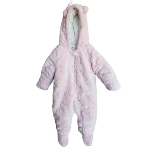 Wonder Nation 3-6M Plush Bunting BodySuit Baby Pink Hooded Footed Suit Ears New - Picture 1 of 6